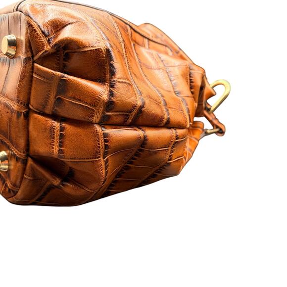 G.I.L.I. Genuine Leather Croc Embossed Satchel Tote Bag Cognac Brown - Picture 5 of 16